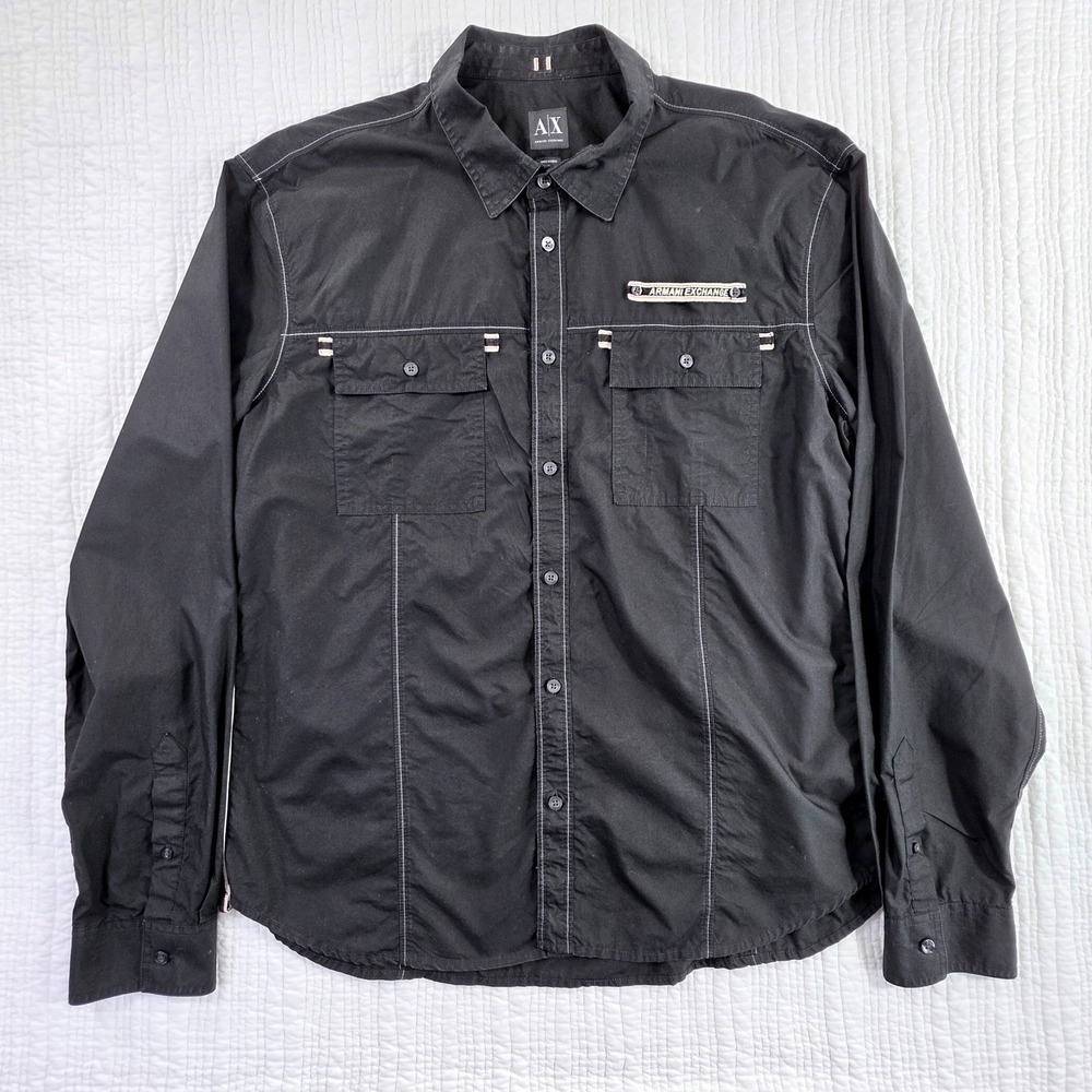 Armani Exchange Button Down Shirt Men XL Black EUC Contrast Stitch Long Sleeve